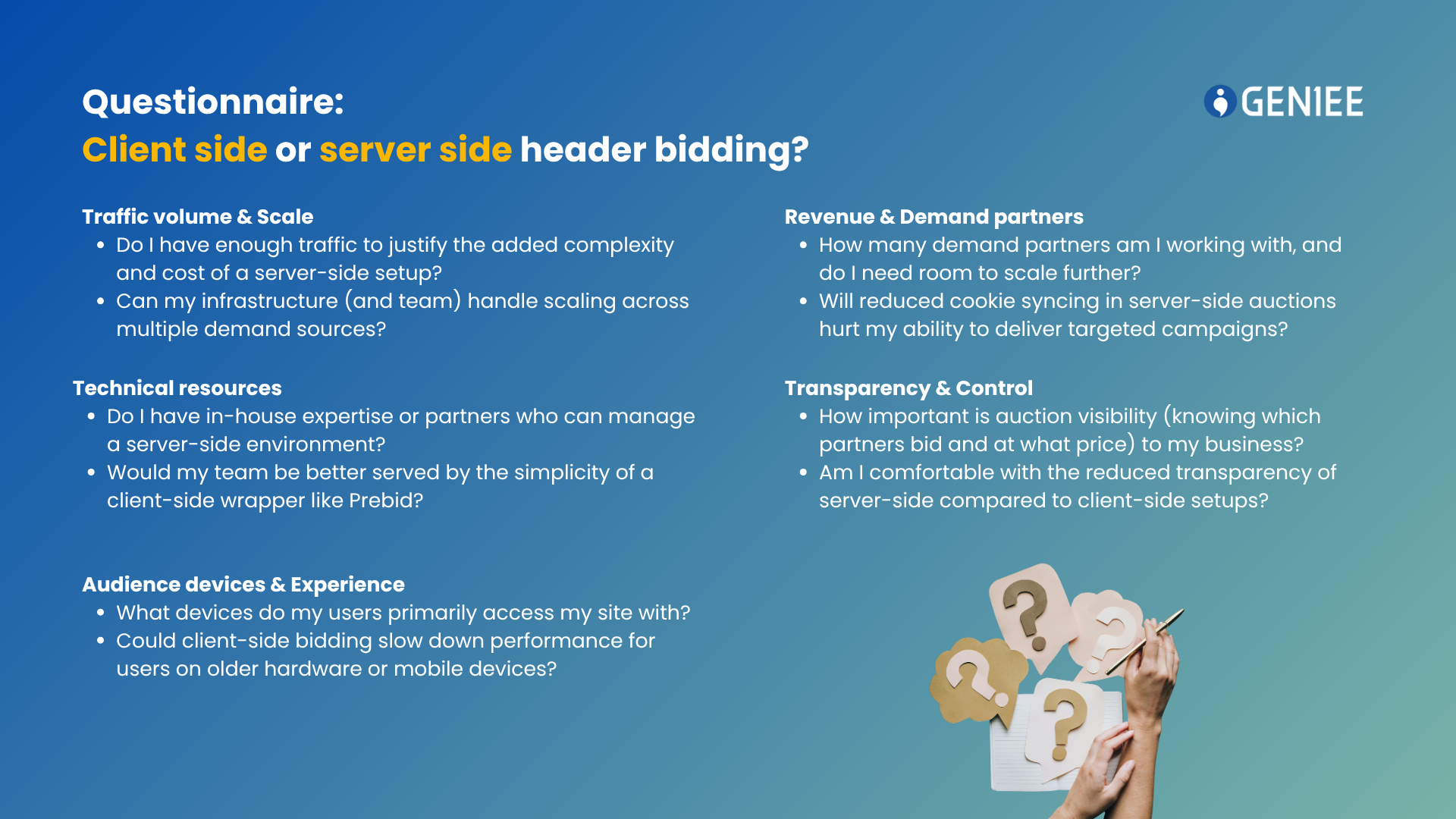 for choosing between client side and server side header bidding (1) list of questions for choosing between client side and server side header bidding